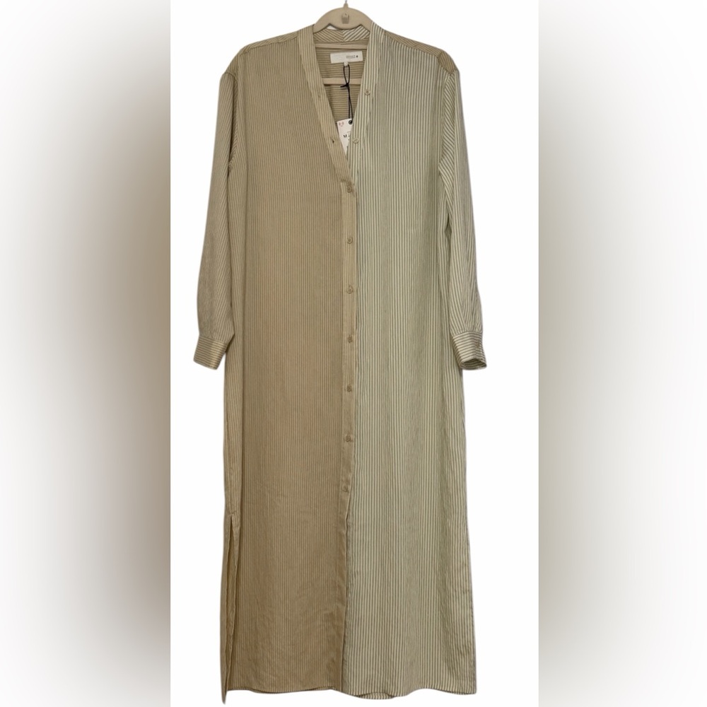 ZARA NWT Button-Front and Back Long Shirt Dress in Beige and Cream.